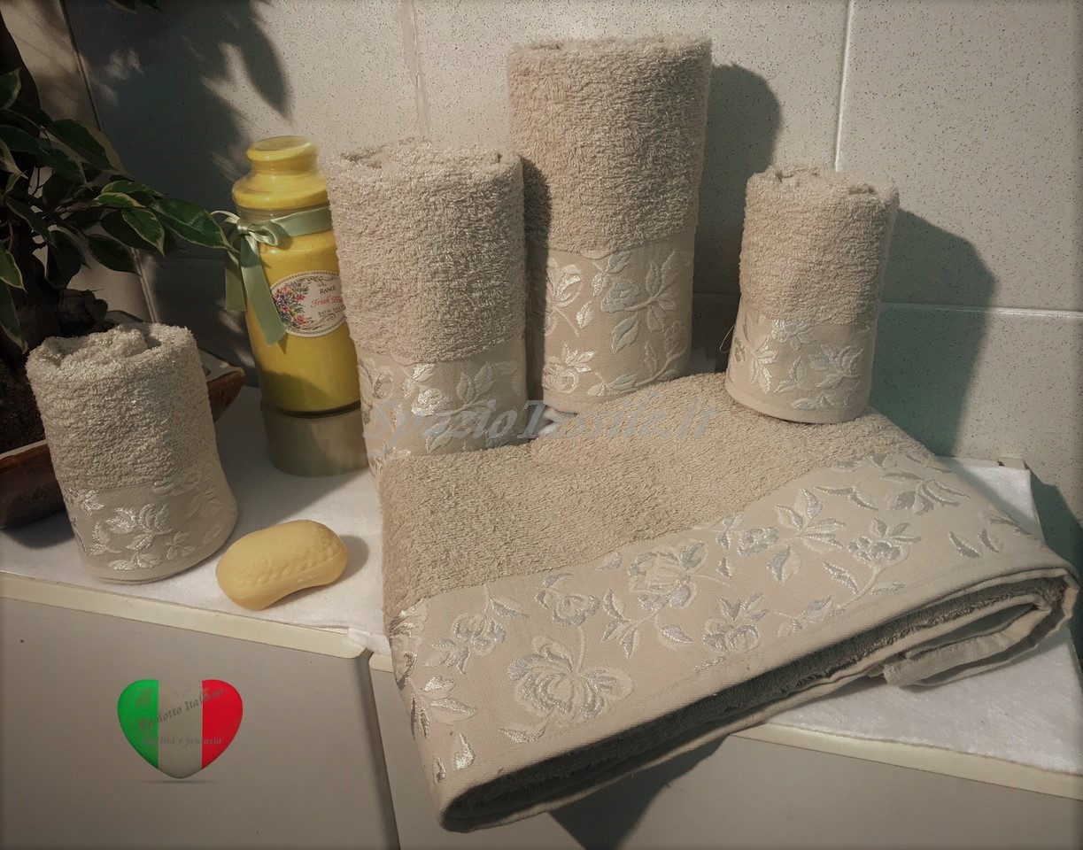 2 Salviette e 2 Ospiti, asciugamani in spugna 100% Roselline Tortora made  in Italy – MEGAWEBSTORE