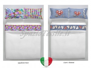 completo lenzuola stampe digitali quadretti e fiori cuori bottoni