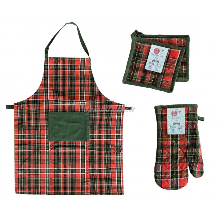 Coordinato Grembiule Guanto Presine Tovaglia Scozzese Tartan Rosso Feste Natale 2 Colori
