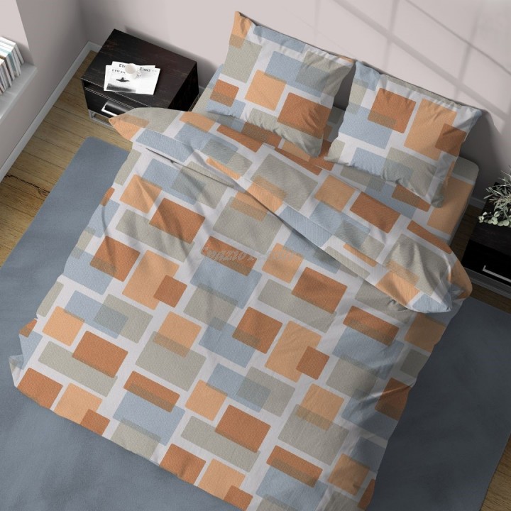 Parure Copripiumino Sacco o Federe Flanella Square Arancio o Azzurro 100% Cotone Invernale