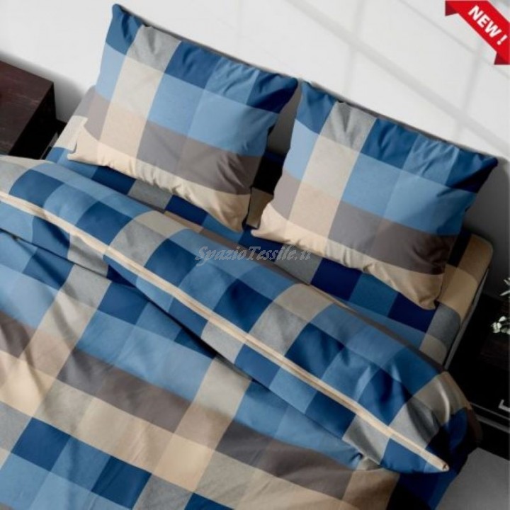 Parure Copripiumino Sacco o Federe Flanella Scotland Azzurro o Beige 100% Cotone Invernale