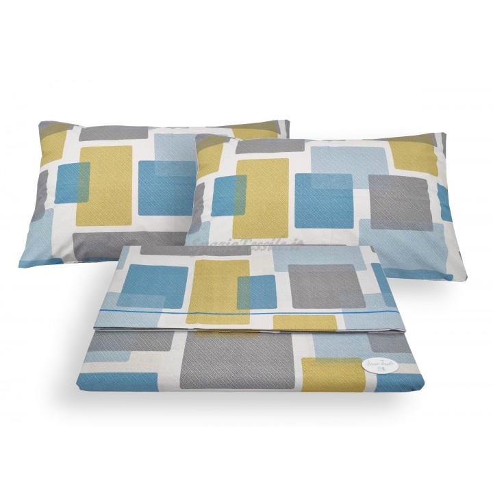 Completo Letto Set Lenzuola o Federe Fantasia Square Arancio Azzurro 100% Cotone