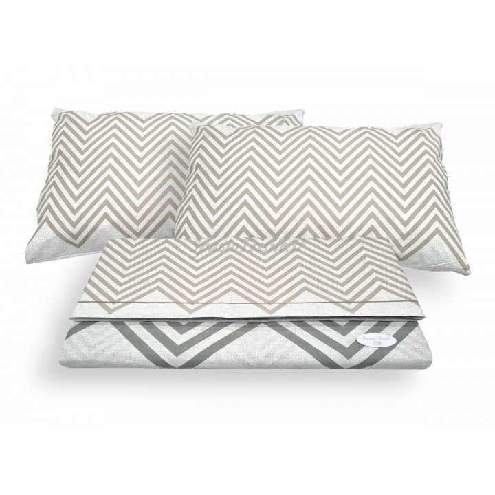 Completo Letto Set Lenzuola o Federe Fantasia Zig Zag Beige o Verde 100% Cotone