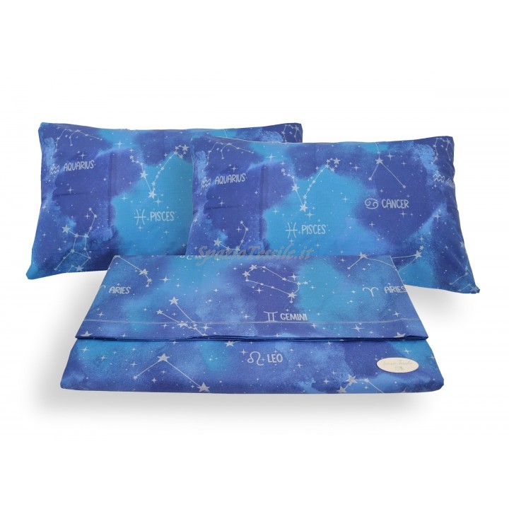 Completo Lenzuola Federe Tessuto 100% Cotone Stampato Dis. Zodiaco